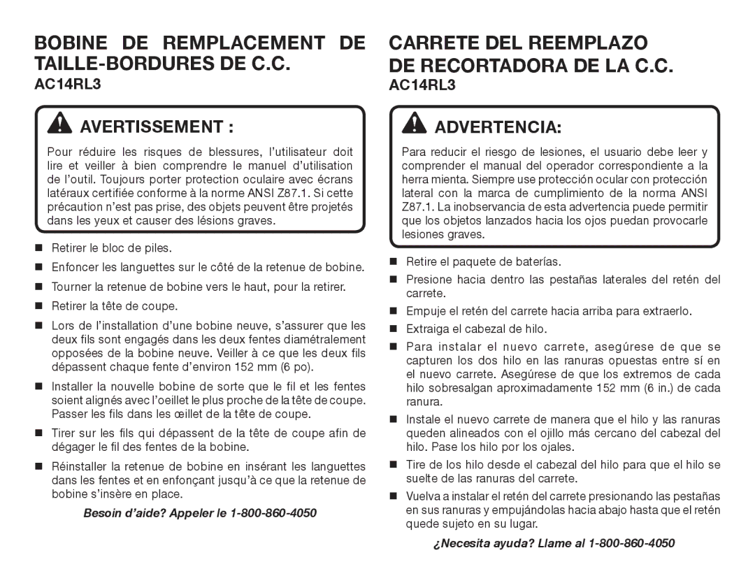 Ryobi AC14RL3 manual Bobine DE Remplacement DE Taille-bordures de C.C, CARRETE­ DEL Reemplazo de Recortadora de la C.C 